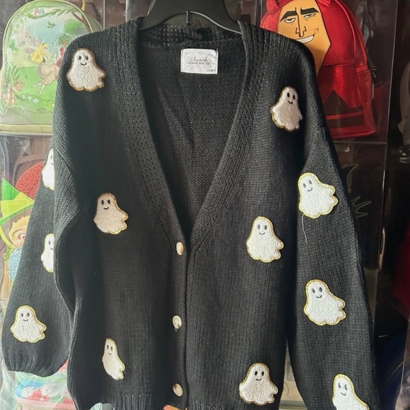 Chicwish Sweaters - Chic Wish Ghost Patch Buttoned Knit Halloween Cardigan Black Women Size L XL